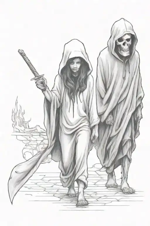 A Girl And A Hooded Reaper Walking Side By Side