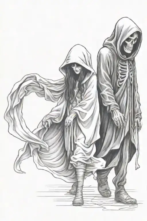 A Girl And A Hooded Reaper Walking Side By Side