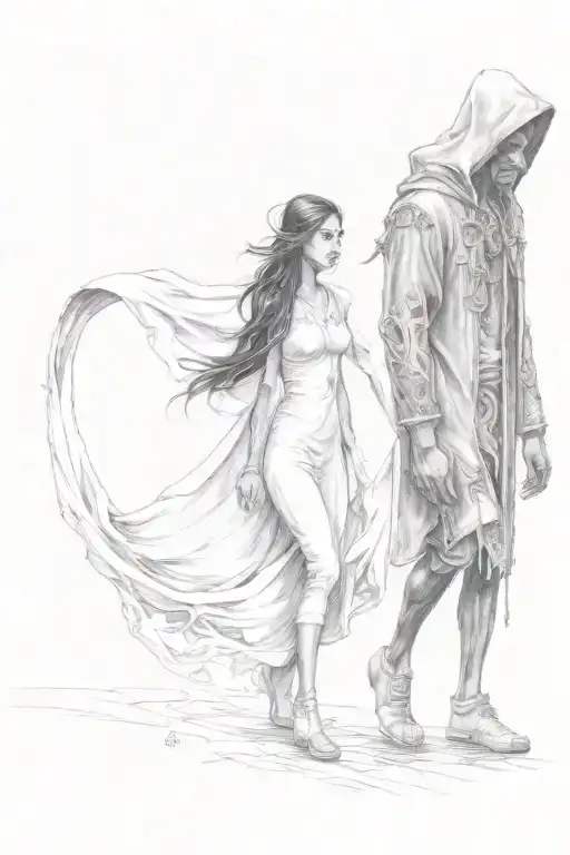 A Girl And A Hooded Beast Walking Side By Side Holding Hands