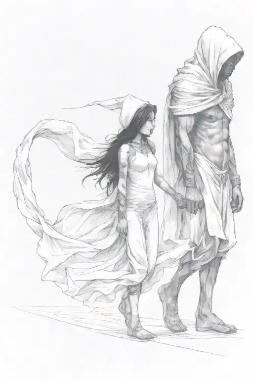 A Girl And A Huge Hooded Beast Walking Side By Side Holding Hands
