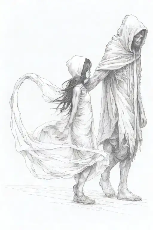 A Girl And A Huge Hooded Beast Walking Side By Side Holding Hands