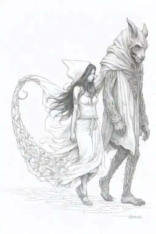 A Girl And A Huge Hooded Beast Walking Side By Side Holding Hands