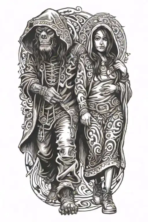 A Girl And A Huge Hooded Beast Walking Side By Side Holding Hands
