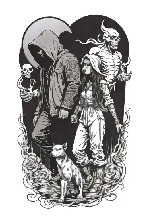 A Girl And A Huge Hooded Beast Walking Side By Side Holding Hands