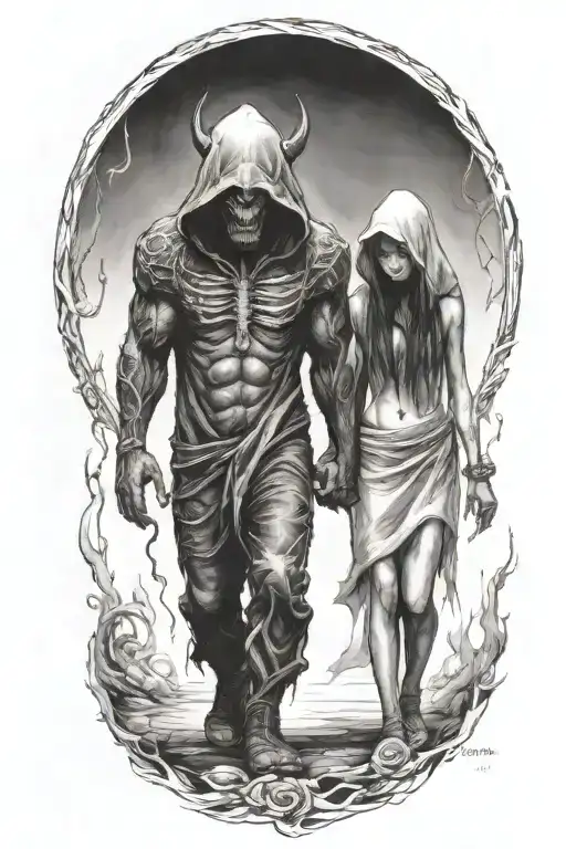 A Girl And A Huge Hooded Beast Or Demon Walking Side By Side Holding Hands