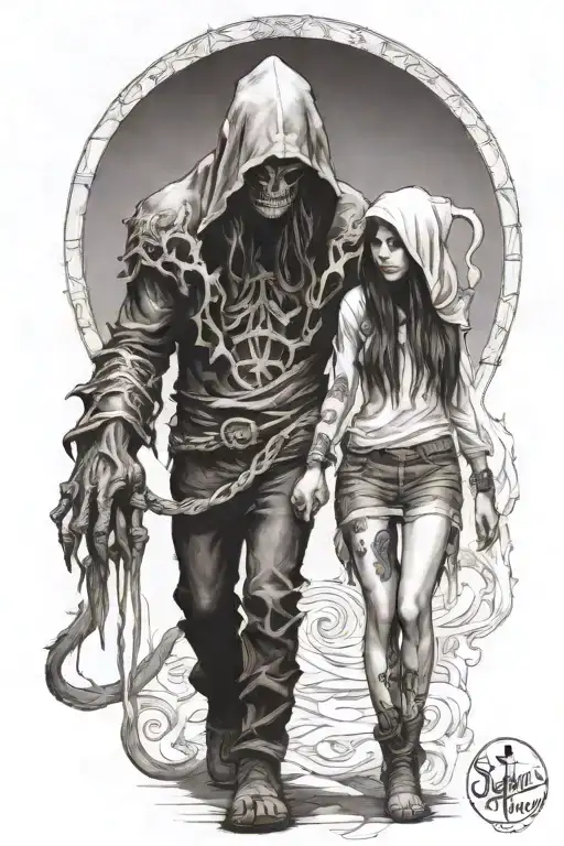 A Girl And A Huge Hooded Beast Or Demon Walking Side By Side Holding Hands