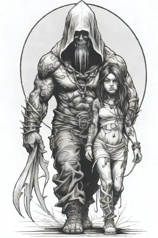 A Girl And A Huge Hooded Beast Walking Side By Side