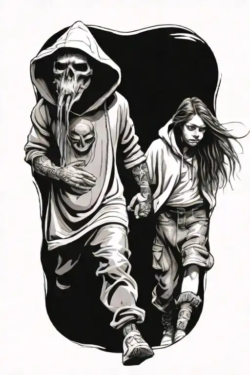 A Girl And A Huge Hooded Beast Walking Side By Side Holding Hands