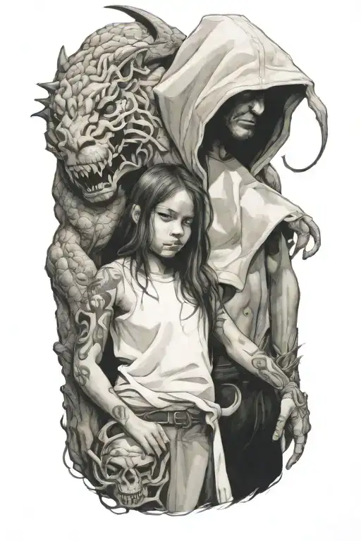 A Girl And A Huge Hooded Demon Beast Walking Side By Side