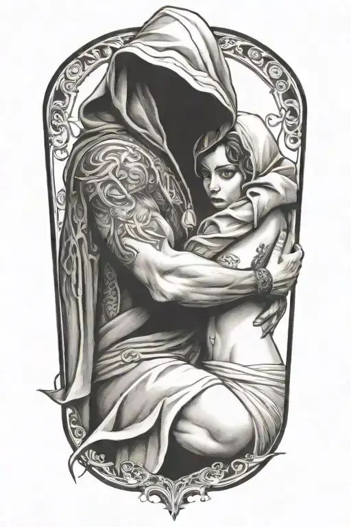 A Small Woman And A Huge Hooded Beast Walking Side By Side