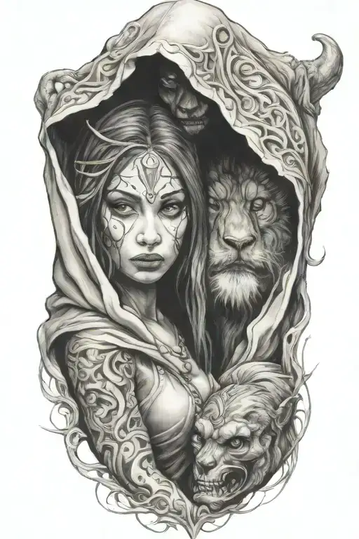 A Small Woman And A Huge Hooded Beast Walking Side By Side