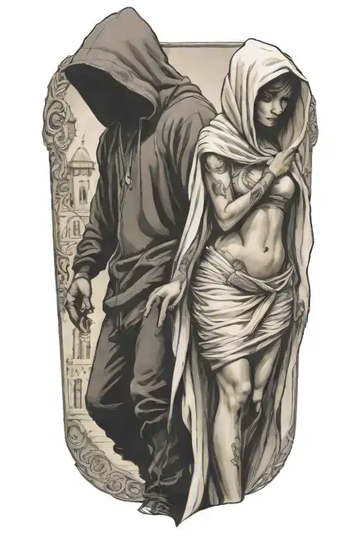 A Small Woman And A Huge Hooded Beast Walking Side By Side