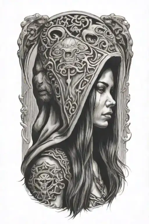 A Woman With Long Hair And A Large Hooded Beast Walking Side By Side