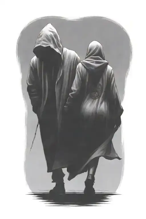 A Woman And A Huge Hooded Demon Walking Away Together
