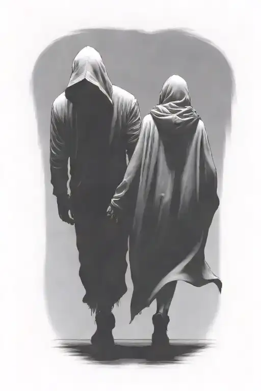 A Woman And A Huge Hooded Demon Reaper Walking Away Together