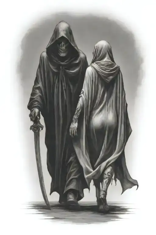 A Woman And A Huge Hooded Demon Reaper Walking Away Together