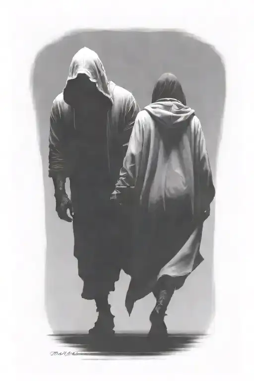 A Woman And A Huge Hooded Demon Reaper Walking Away Together