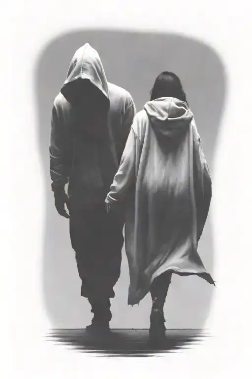 A Woman And A Huge Hooded Demon Reaper Walking Away Together