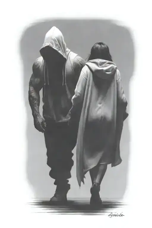 Giant Muscular Hooded Beast And A Demon Woman Walking Away