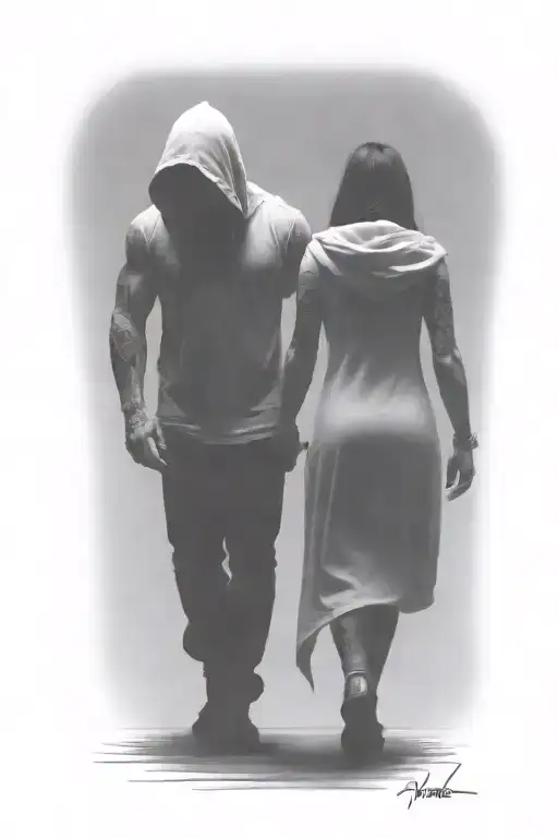Muscular Hooded Beast And A Ethereal Woman Walking Away