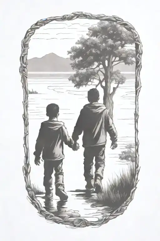 Siloutte Of An Older Brother And Younger Brother Walking Away Hand In Hand