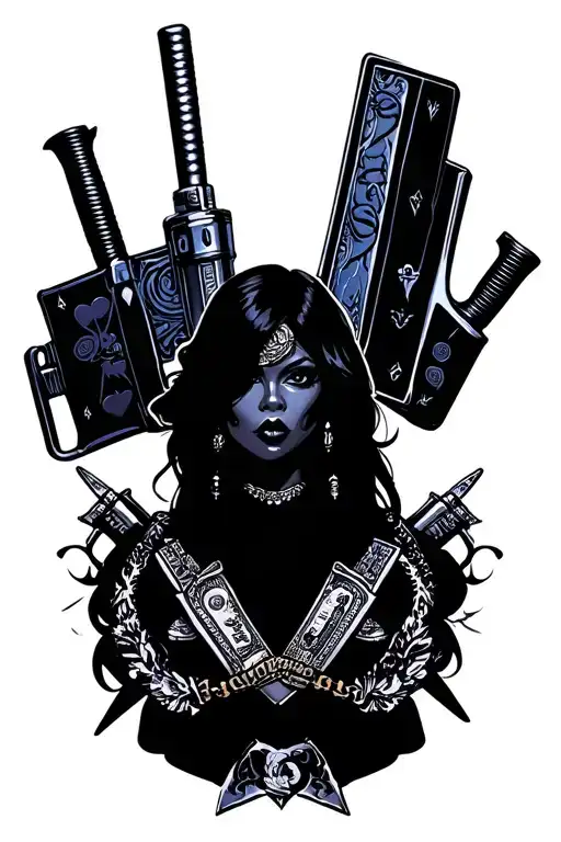 Chicano Gangster Girl Weapons Gambling Themed