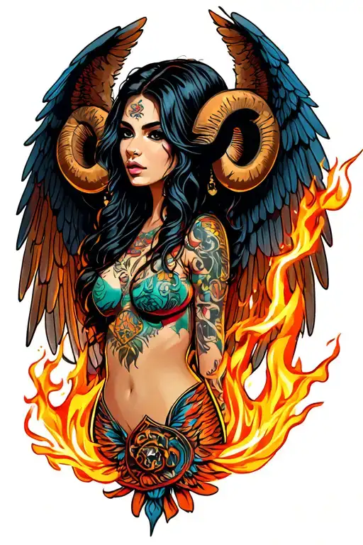 Aries Zodiac Sign Sexy Female Wings Surrounded By Fire