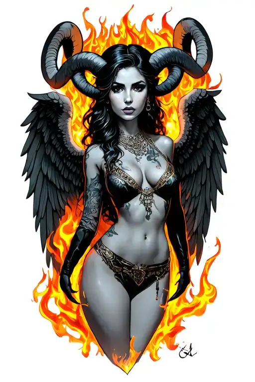 Aries Zodiac Sign Sexy Female Wings Surrounded By Fire