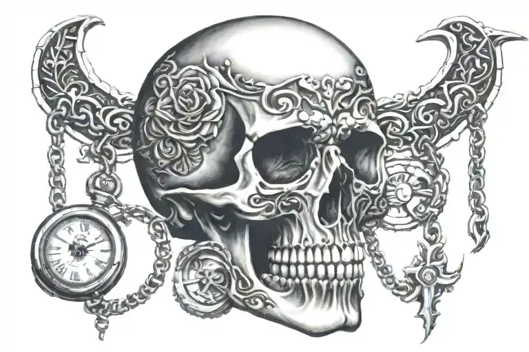 Skull Mouth Open With Pocket Watch In Mouth