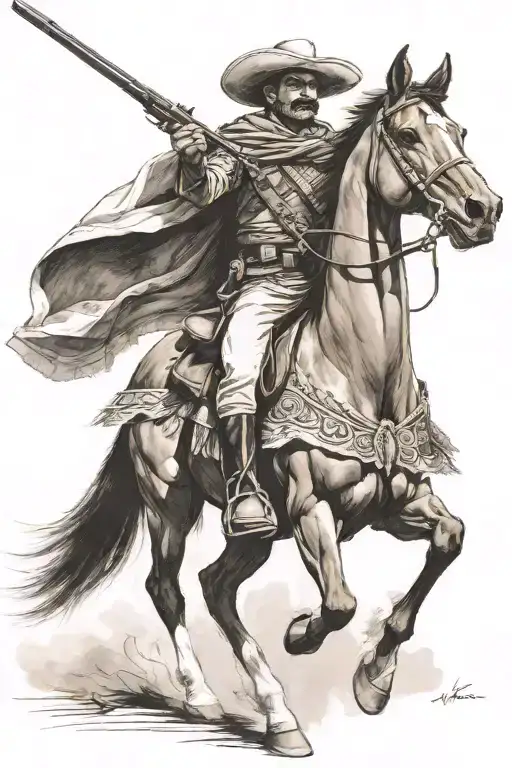 Mexican Revolutionary Soldier With A Poncho On Horseback Shooting