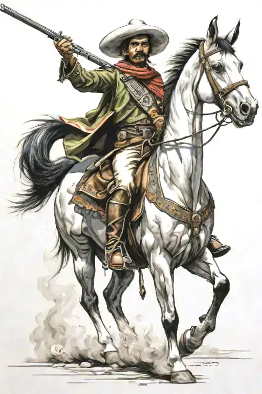 Mexican Revolutionary Soldier With A Poncho On Horseback Shooting