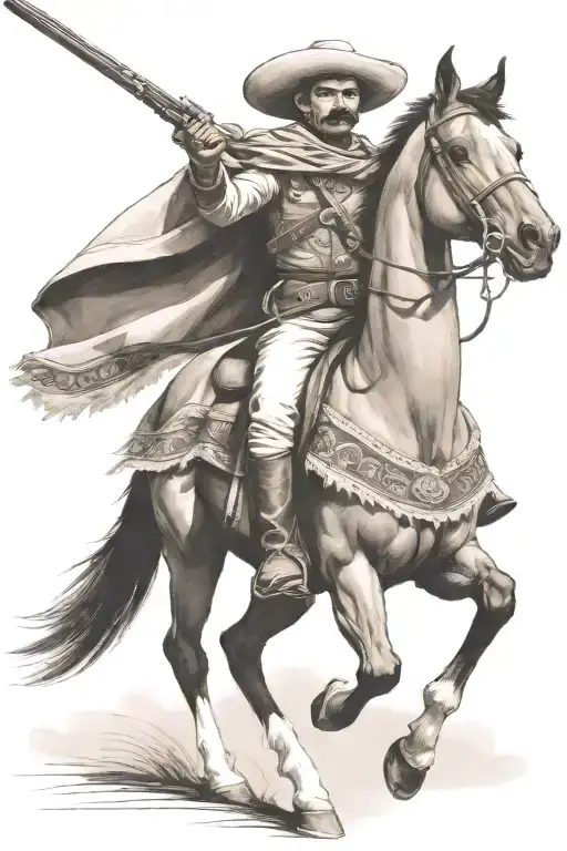 Mexican Revolutionary Soldier With A Poncho On Horseback Shooting
