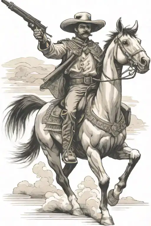 Mexican Revolutionary Soldier With A Poncho On Horseback Shooting