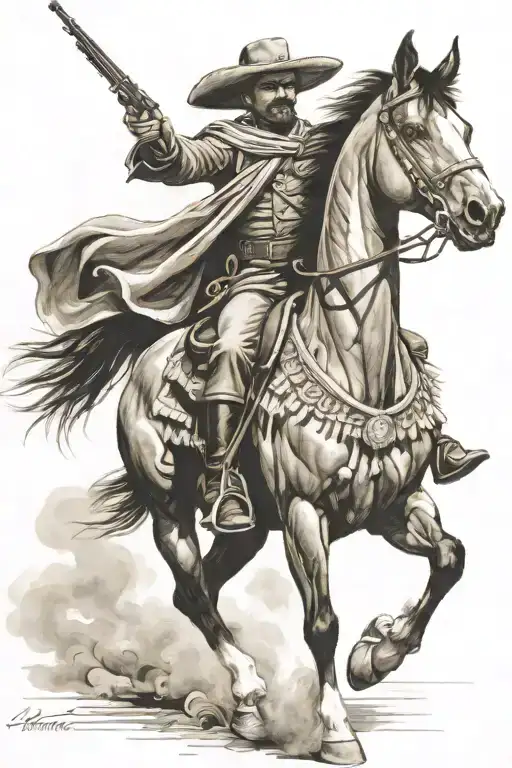 Mexican Revolutionary Soldier With A Poncho On Horseback Shooting