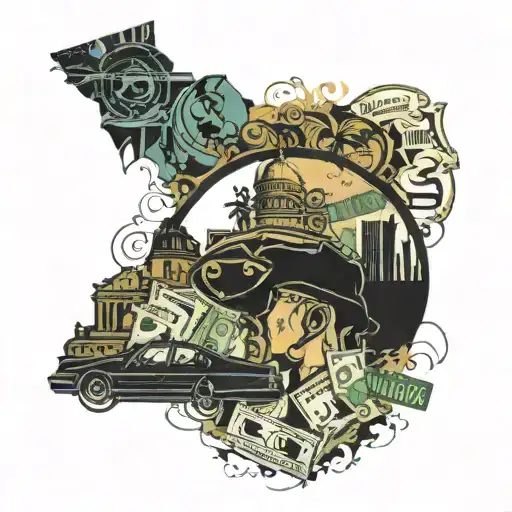 Abstract Design Of A Driver's Silhouette Surrounded By Michigan Landmarks And Money Symbols