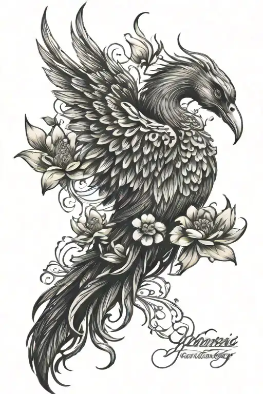 Phoenix Surrounded By Water Lilly Flowers