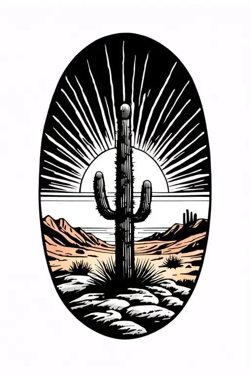 Sun Rays Horizon Behind A Desert Landscape With One Cactus