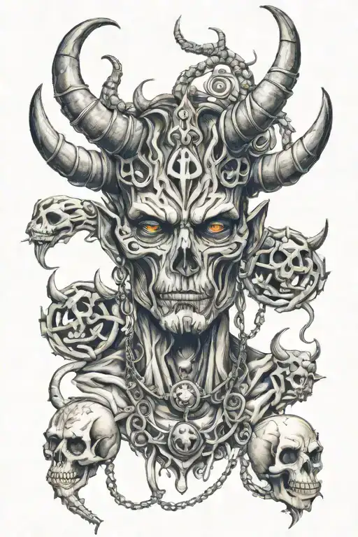Mutant God Face With Piercing And With Tusks And Horns And Skull Necklace With Snakes