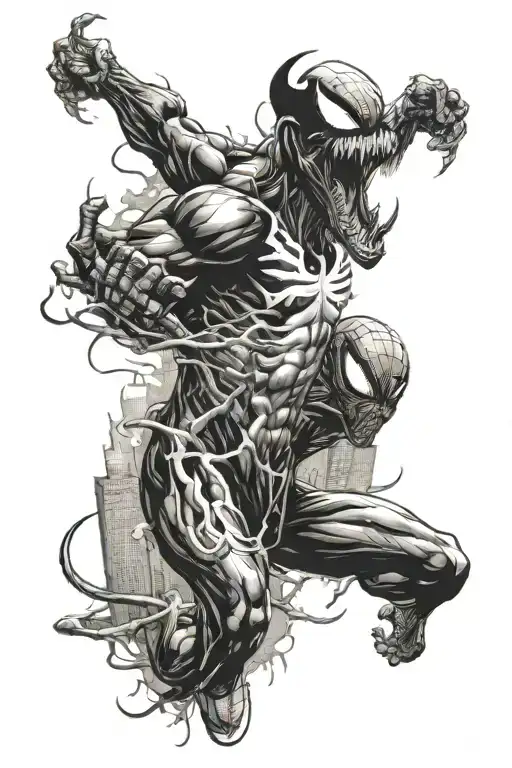 Venom Open Mouth And Spiderman Fighting In New York Skyline