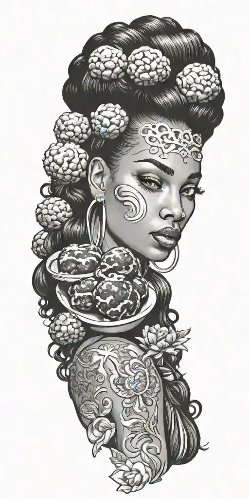 Patch-style Tattoo Stencil Of A Black Woman With Meatballs For Hair