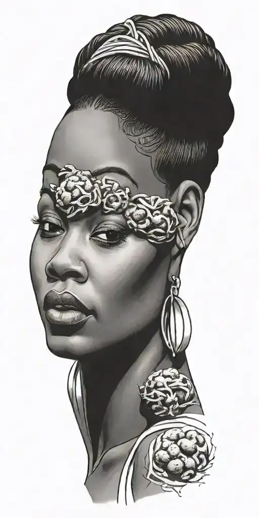 Patch-style Tattoo Stencil Of A Black Woman With Meatballs For Hair