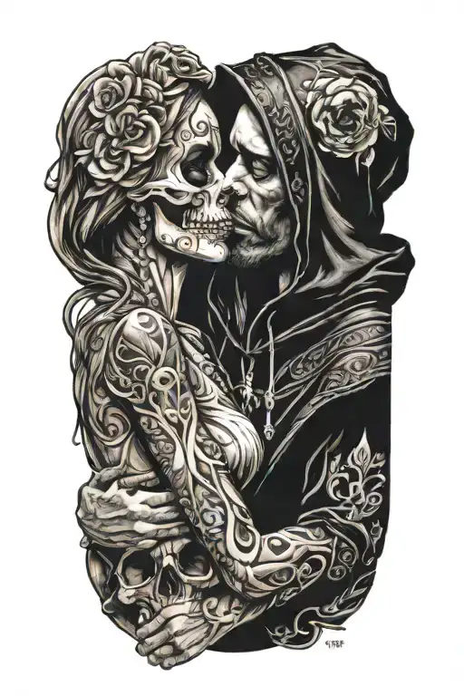 Hooded Skull Man Holding Beautiful Human Woman By Her Chin And Almost Kissing Her