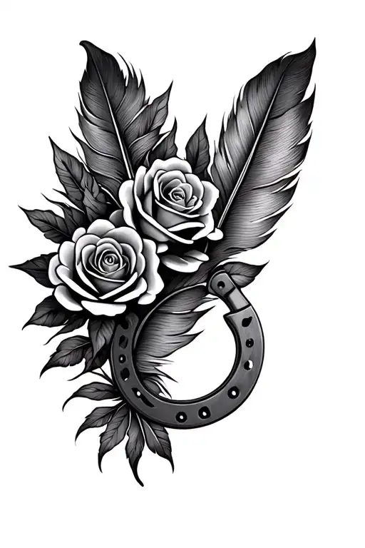 Feather Background With Roses And A Horseshoe
