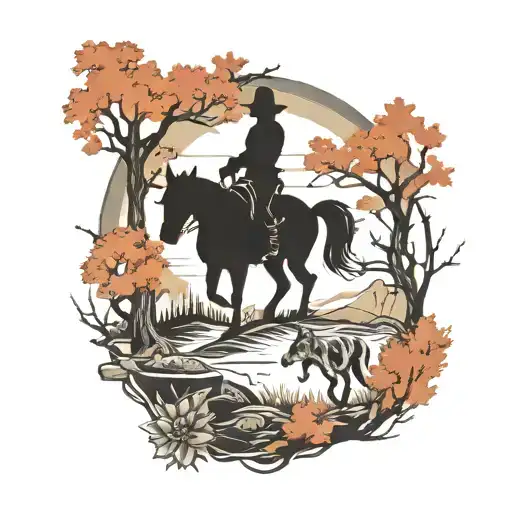 Silhouette Cowboy Girls Wolves Horses Trees Growing