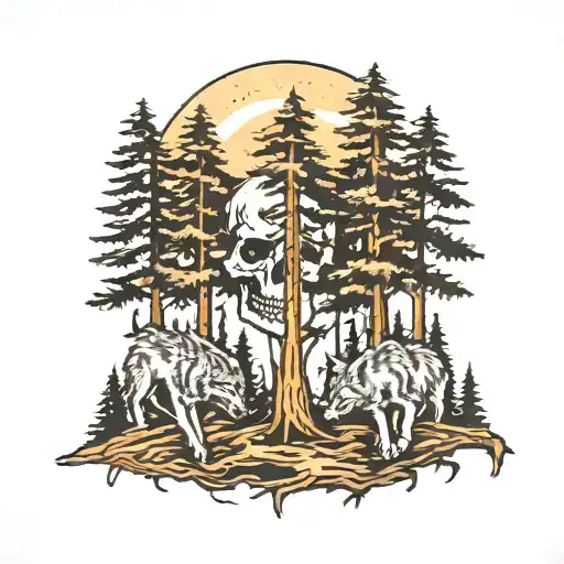 Pine Trees With Skull Shape In Negative Space Surrounded By Wolves