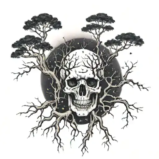 Trees With Roots Growing Through Skull Branches Reaching Towards Stars
