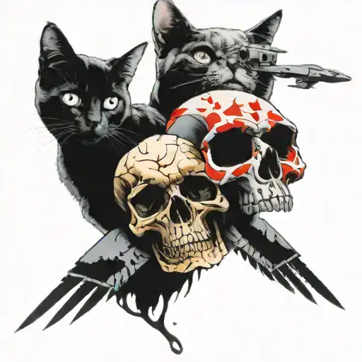 3 Cats Against The Background Of A Skull And A Drone