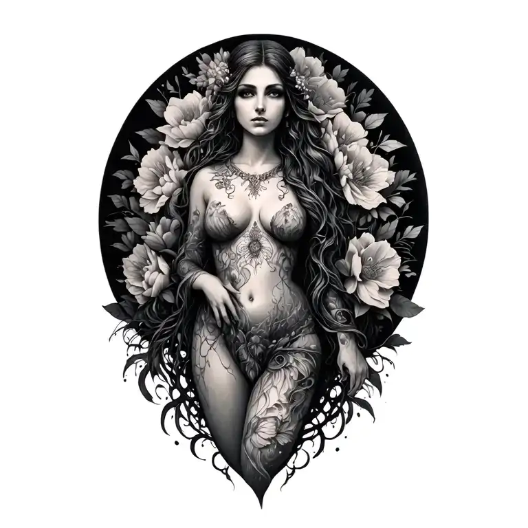Forrest Goddess Sensual Full Body Surrounded By Flowers