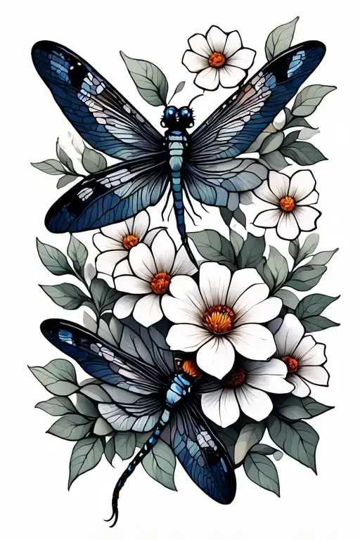 Dragonflies With Stained Glass Wings Entertained With Blooming Flowers