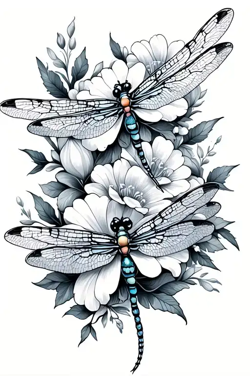 Dragonflies And Blooming Flowers Intertwined